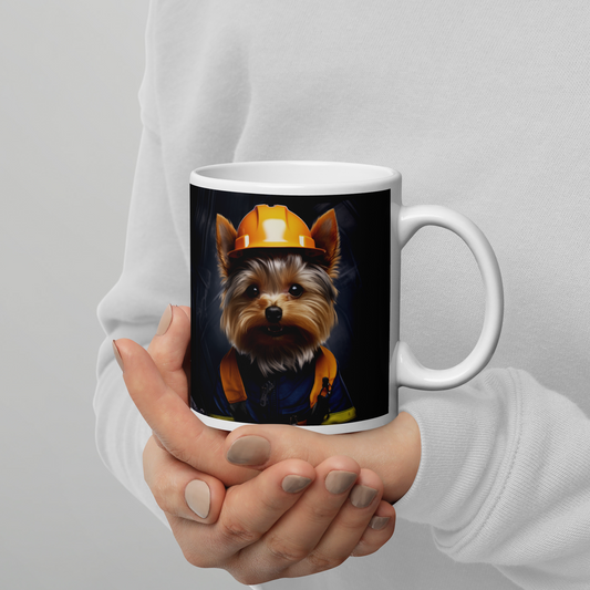 Yorkshire Terrier ConstructionWorker White glossy mug