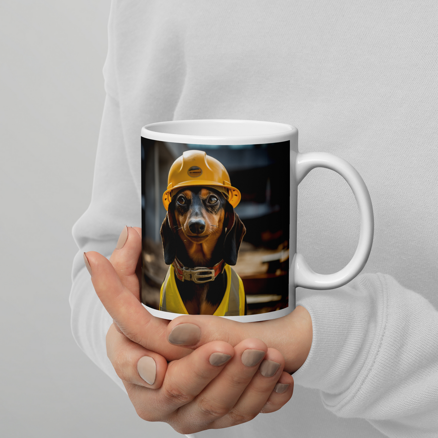 Dachshund ConstructionWorker White glossy mug