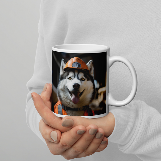 Siberian Husky ConstructionWorker White glossy mug