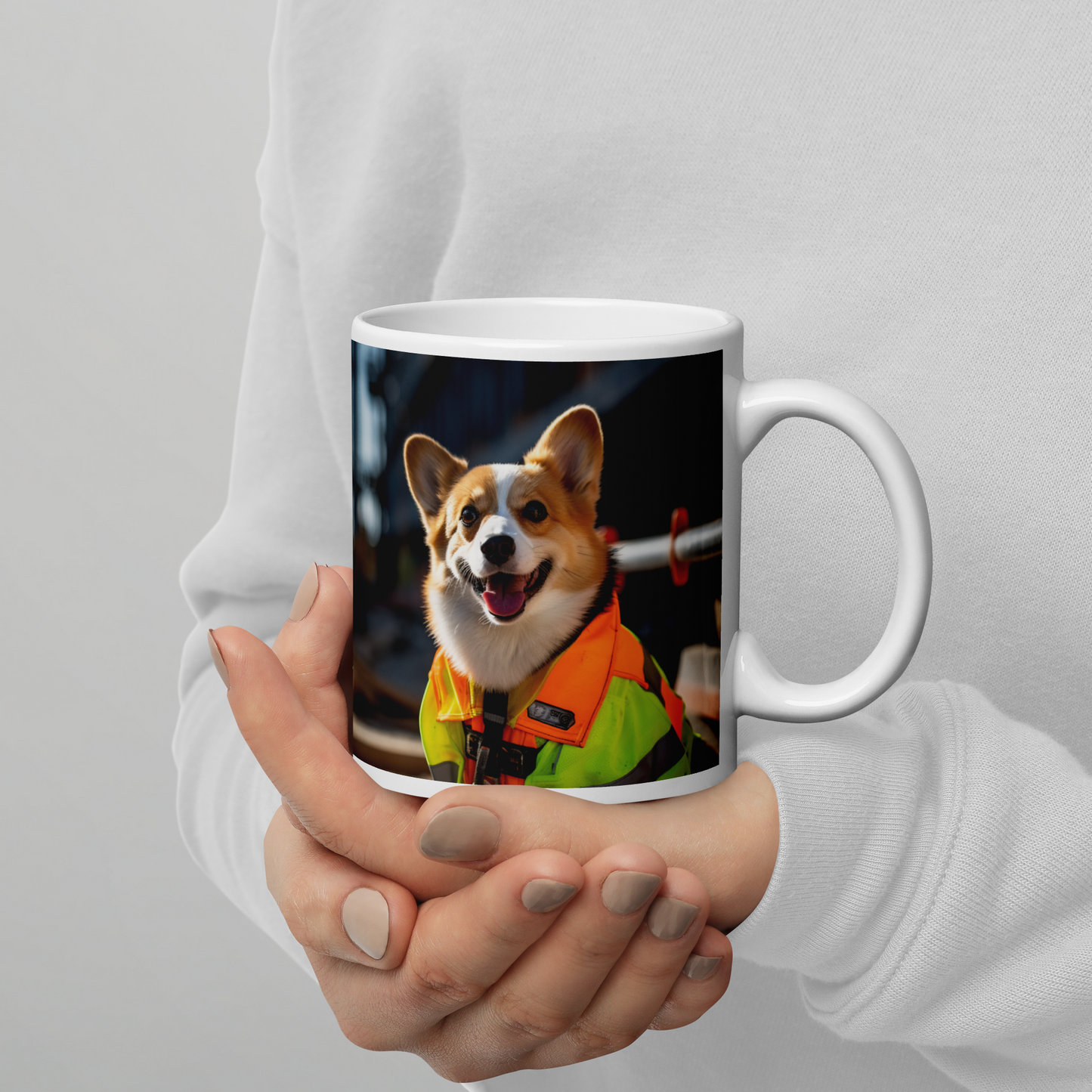 Pembroke Welsh Corgi ConstructionWorker White glossy mug