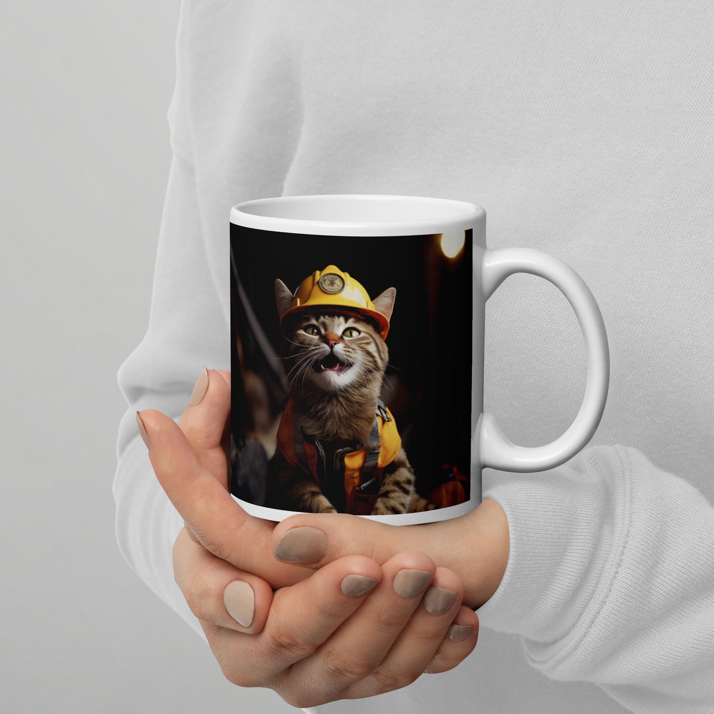 Domestic Shorthair ConstructionWorker White glossy mug