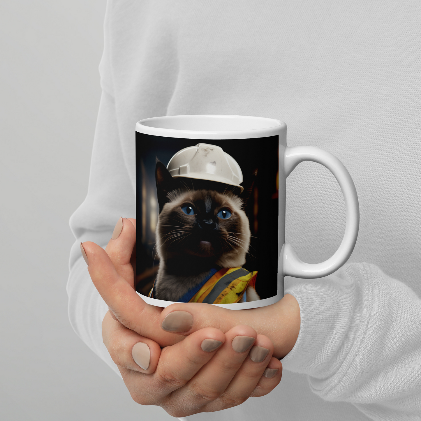 Siamese ConstructionWorker White glossy mug