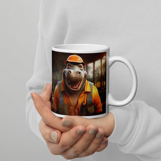 Hippo ConstructionWorker White glossy mug